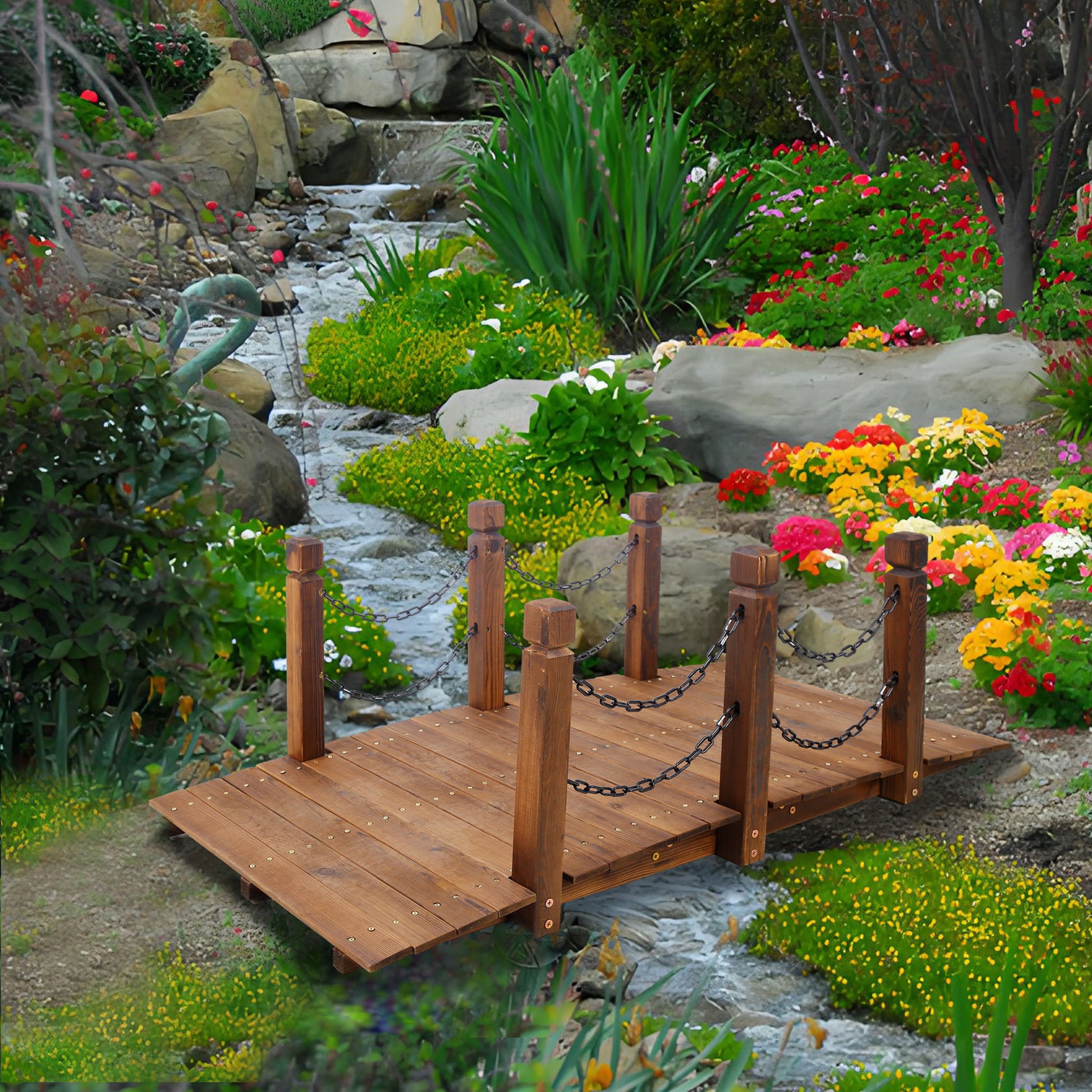Wooden Arc Footbridge With Chain Railings For Backyard Creek Stained 5 Ft - Brown Daily Nest
