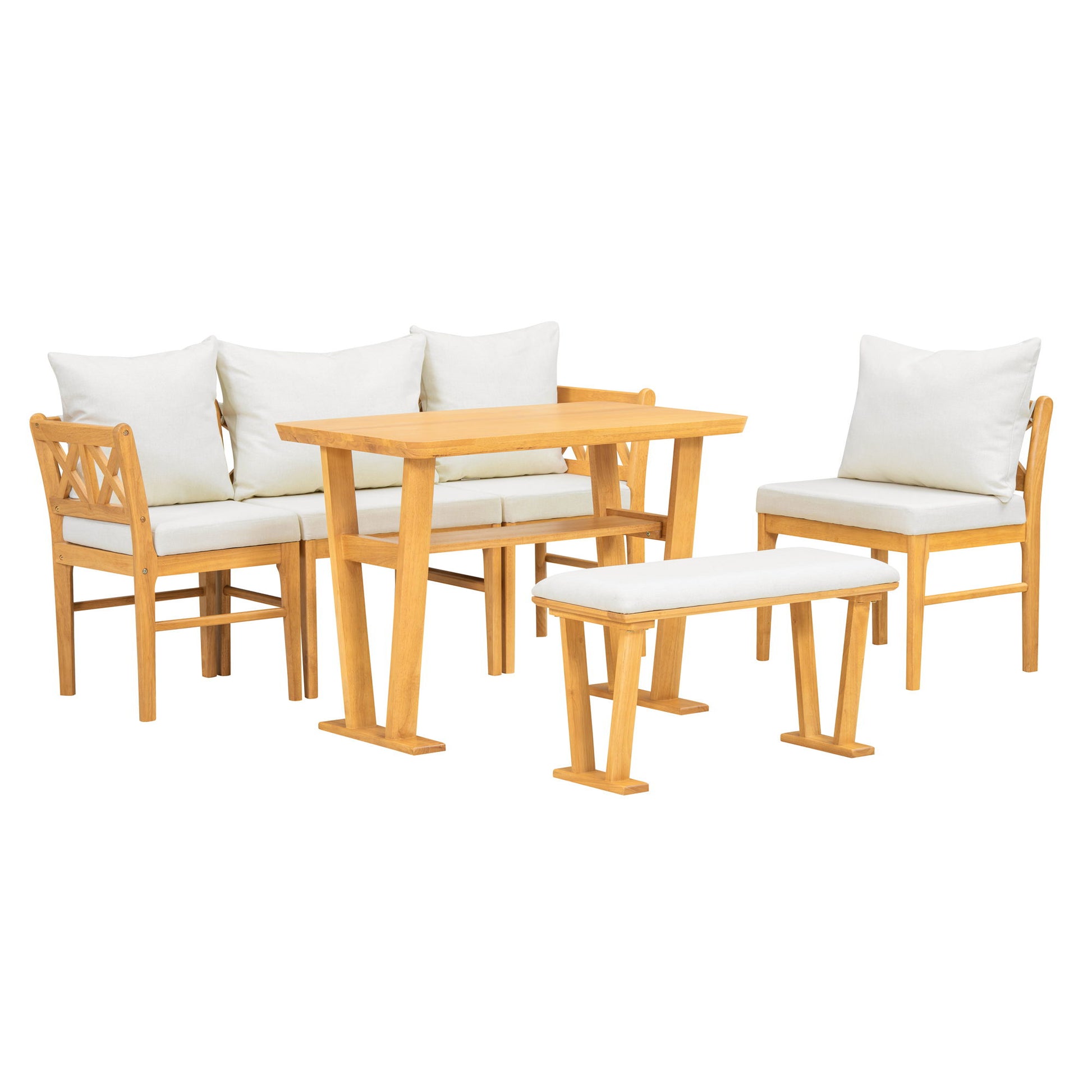 Farmhouse Solid Wood Dining Nook Set For 6, Space Saving High Top Corner Table With Bench & Chairs - Natural / White Hearth and Haven