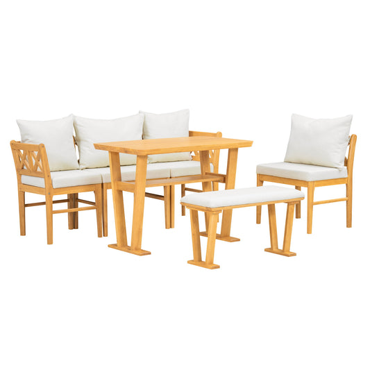 Farmhouse Solid Wood Dining Nook Set For 6, Space Saving High Top Corner Table With Bench & Chairs - Natural / White Hearth and Haven