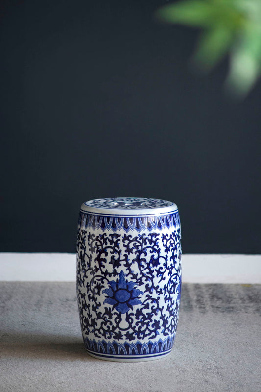 Ceramic Garden Stool, Small Side Tabel - White / Blue Home Essentials