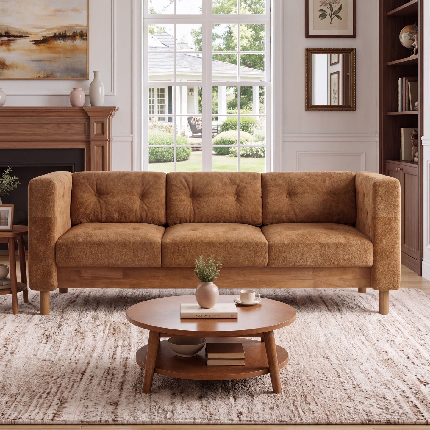 3 Seater Sofa With Square Arms, Tufted Pillow Back For Living Room Noble House