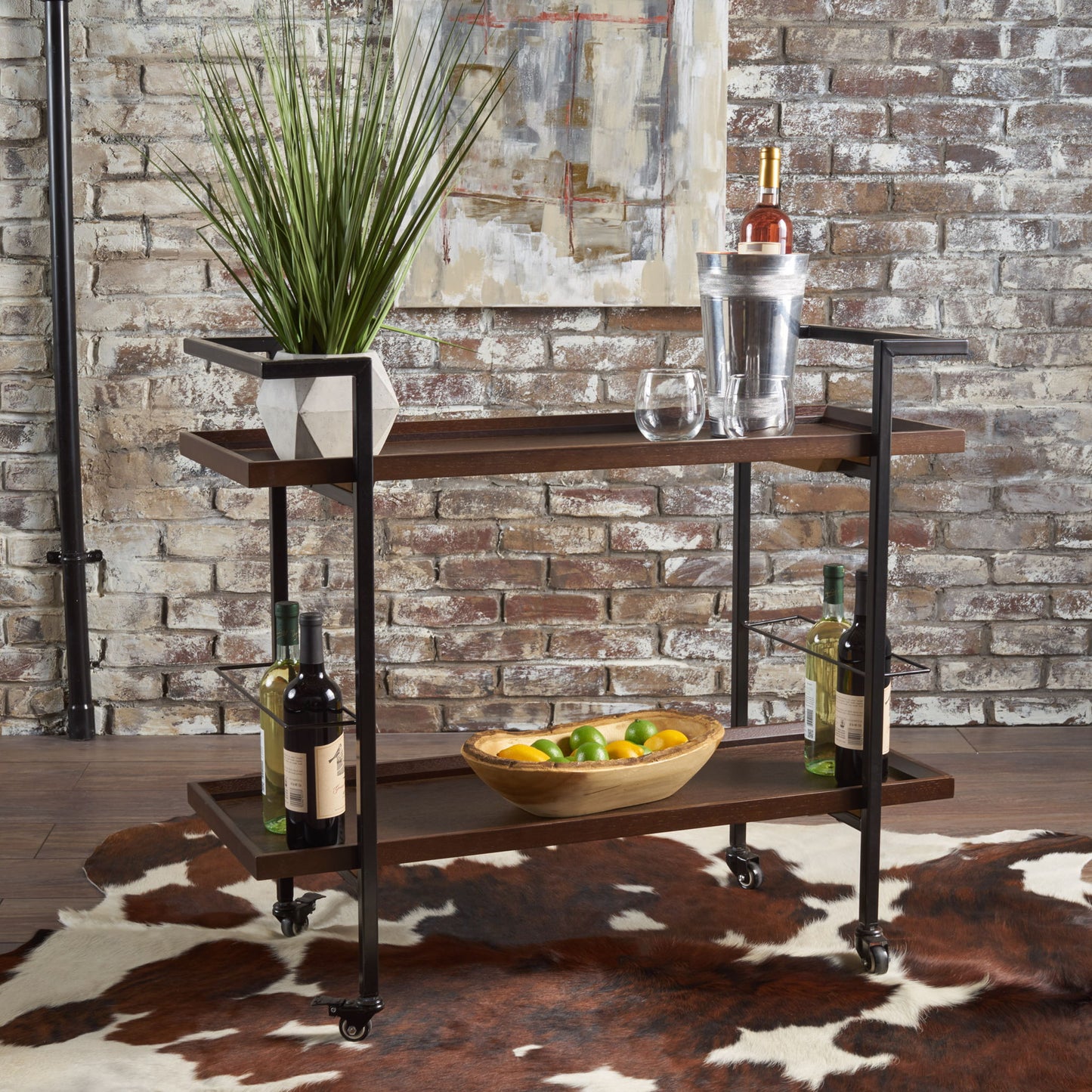 Modern Industrial Bar Cart With Shelving And Casters Noble House
