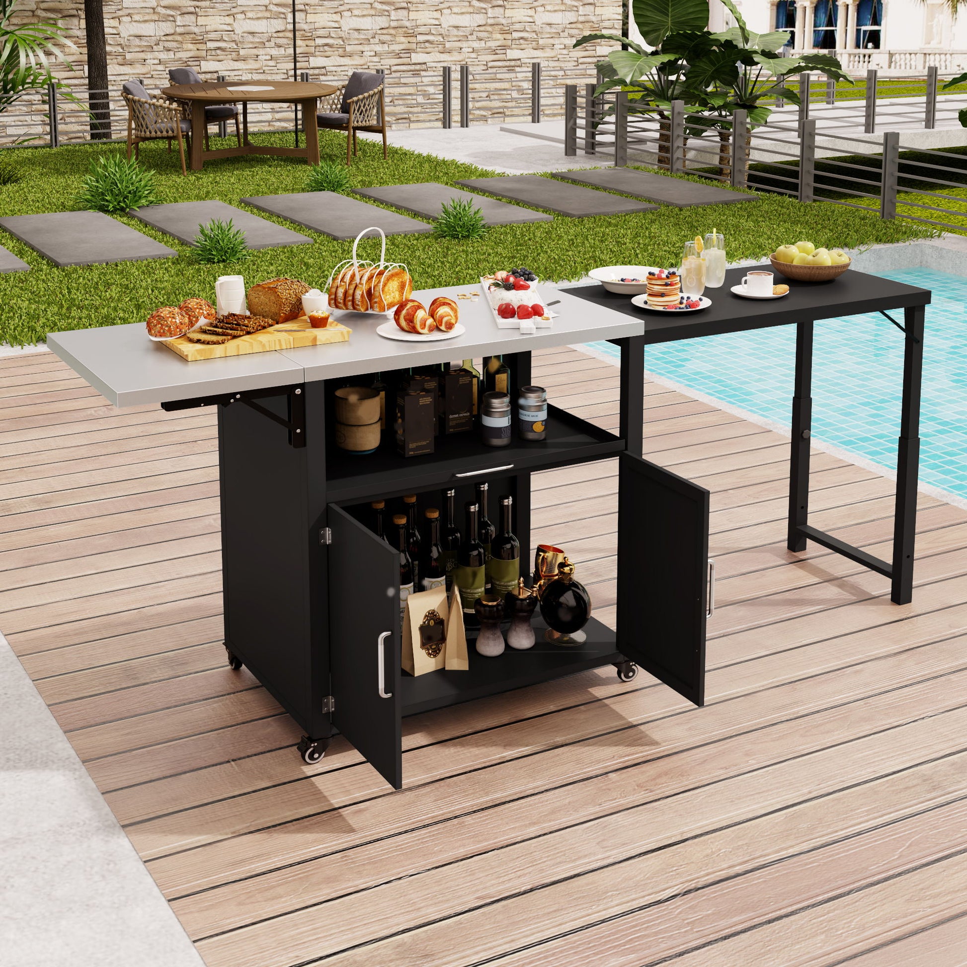 Versatile Outdoor Cabinet With Folding & Expandable Work Surfaces, Ample Storage Space, And Lockable Wheels - Matte Black Hearth and Haven