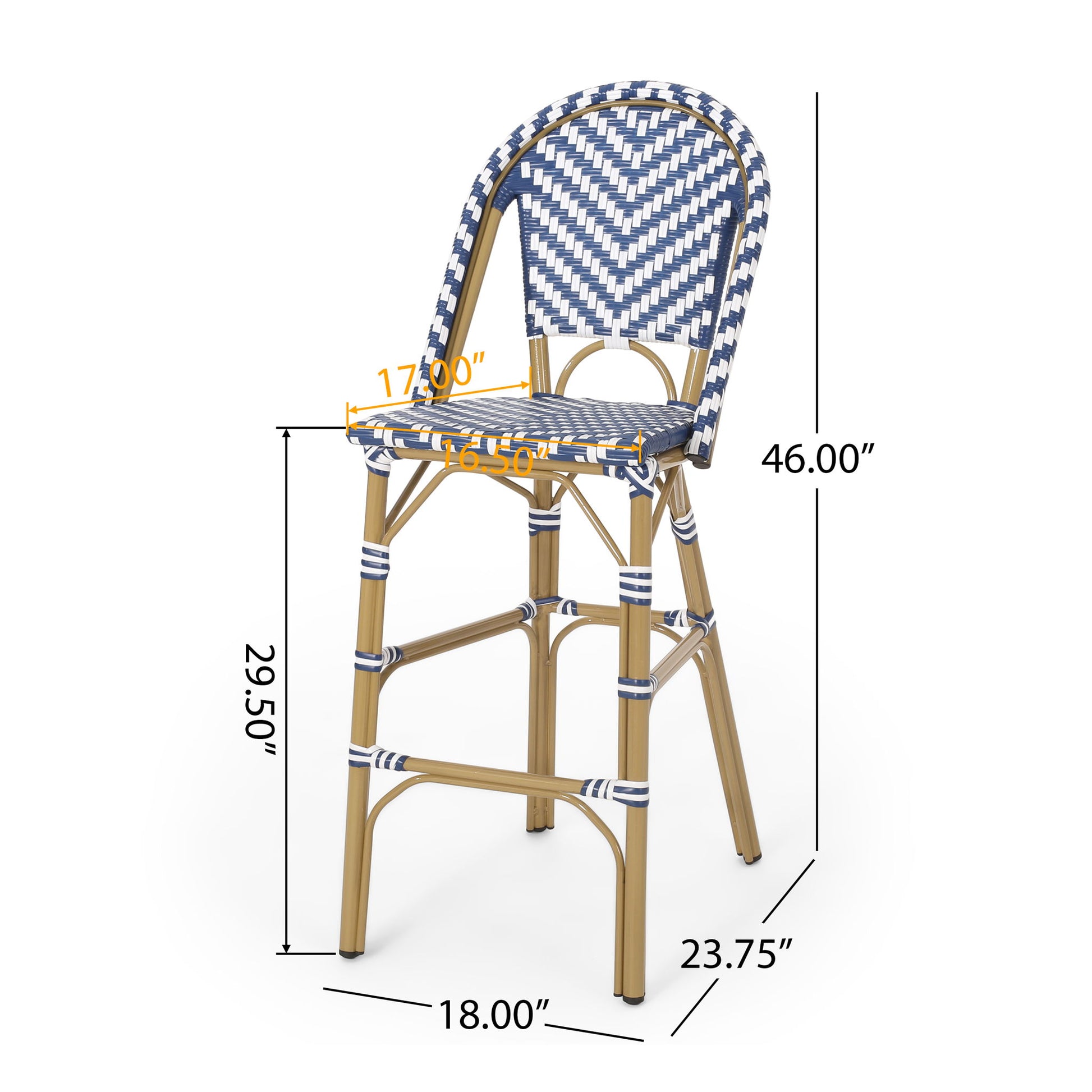 Outdoor Rattan French Barstool Set,, Bamboo, Seat Height - Navy Blue / White Noble House