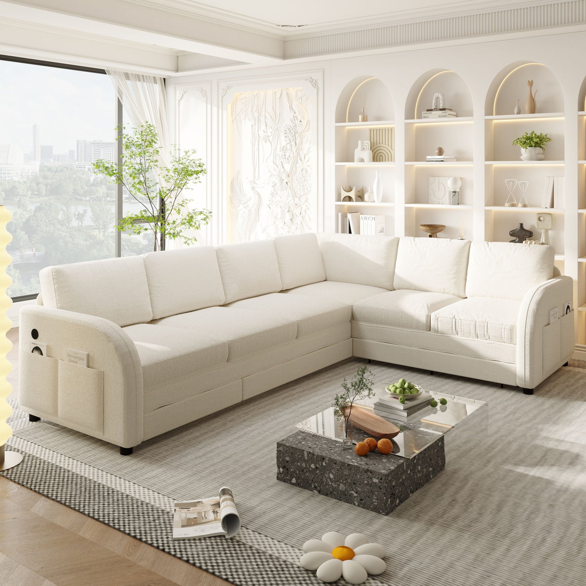 L-Shaped Couch With Pull-Out Bed, Convertible Sleeper Sofa With Side Pocket & USB Port Home Essentials