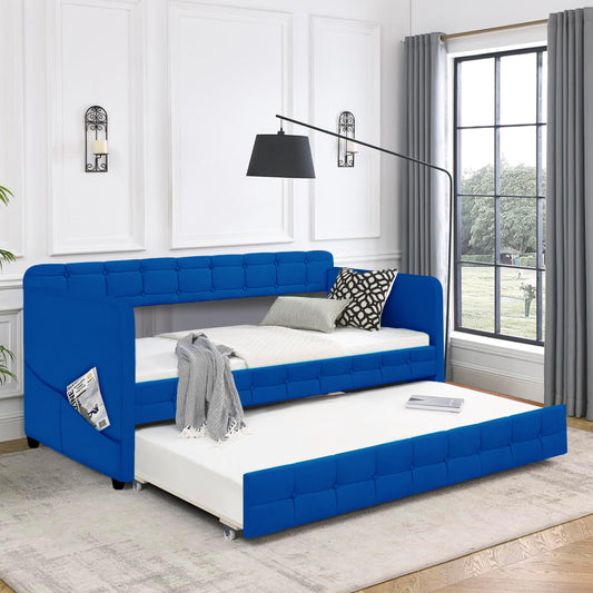 Upholstered Twin Size Daybed Bed Frame (Corner Bed) With Trundle, Velvet Fabric, Studding Design, No Box Spring Required