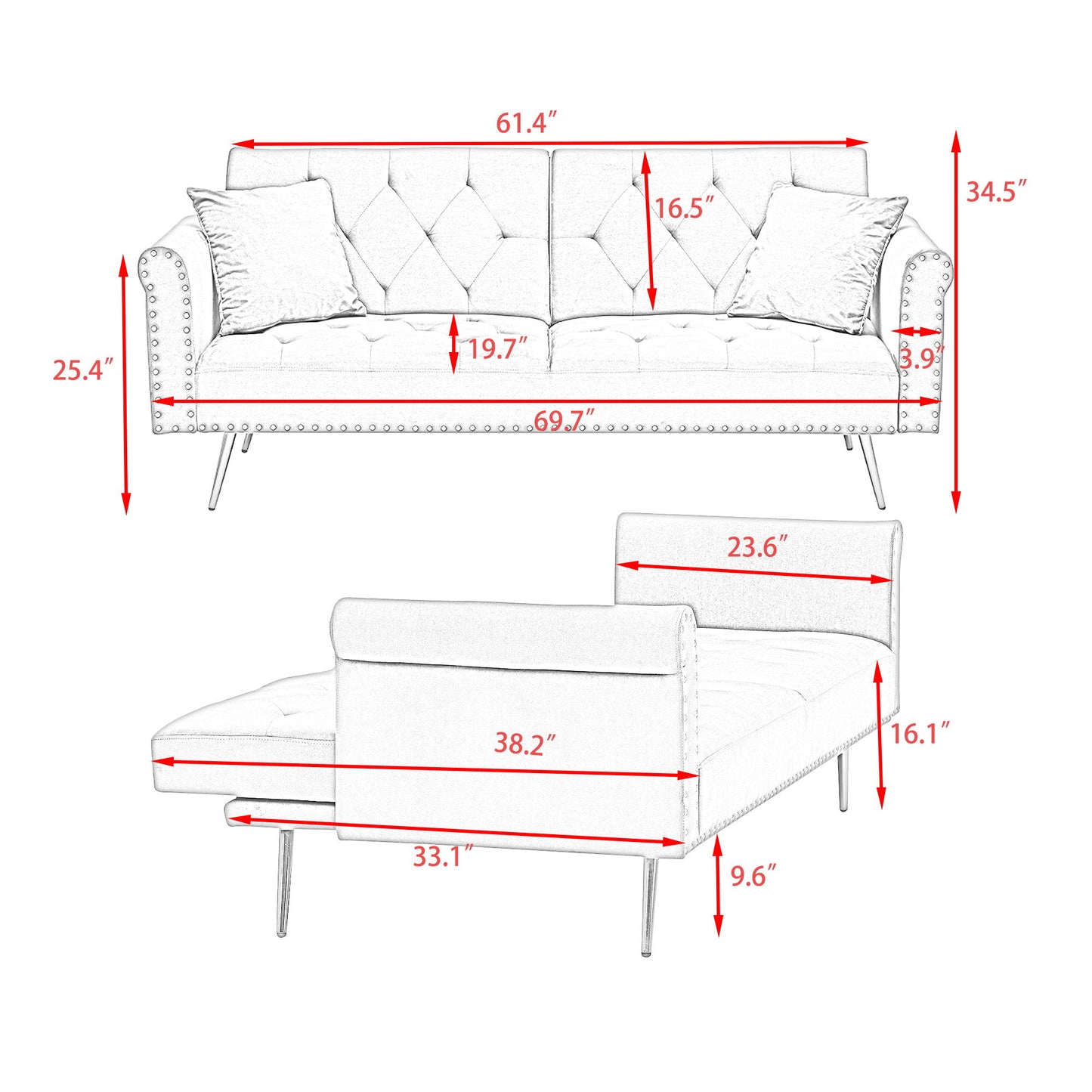 Luxurious Velvet Sofa Bed With Nail Head Trim And Matching Pillow Home Essentials
