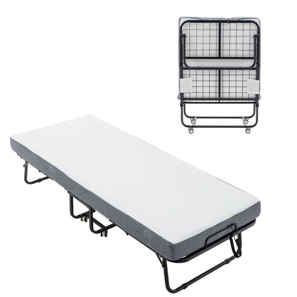 Foldable Metal Frame Bed For Guest With Memory Foam Mattress On Wheels, Saving Space Rollaway Bed Home Essentials