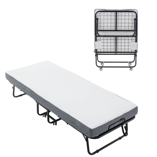 Foldable Metal Frame Bed For Guest With Memory Foam Mattress On Wheels, Saving Space Rollaway Bed Home Essentials