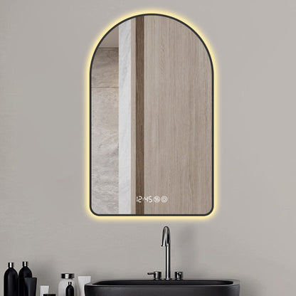 Modern Arched LED Bathroom Mirror With Time And Temperature Display, Anti Fog, Dimmable Light - Black Daily Nest