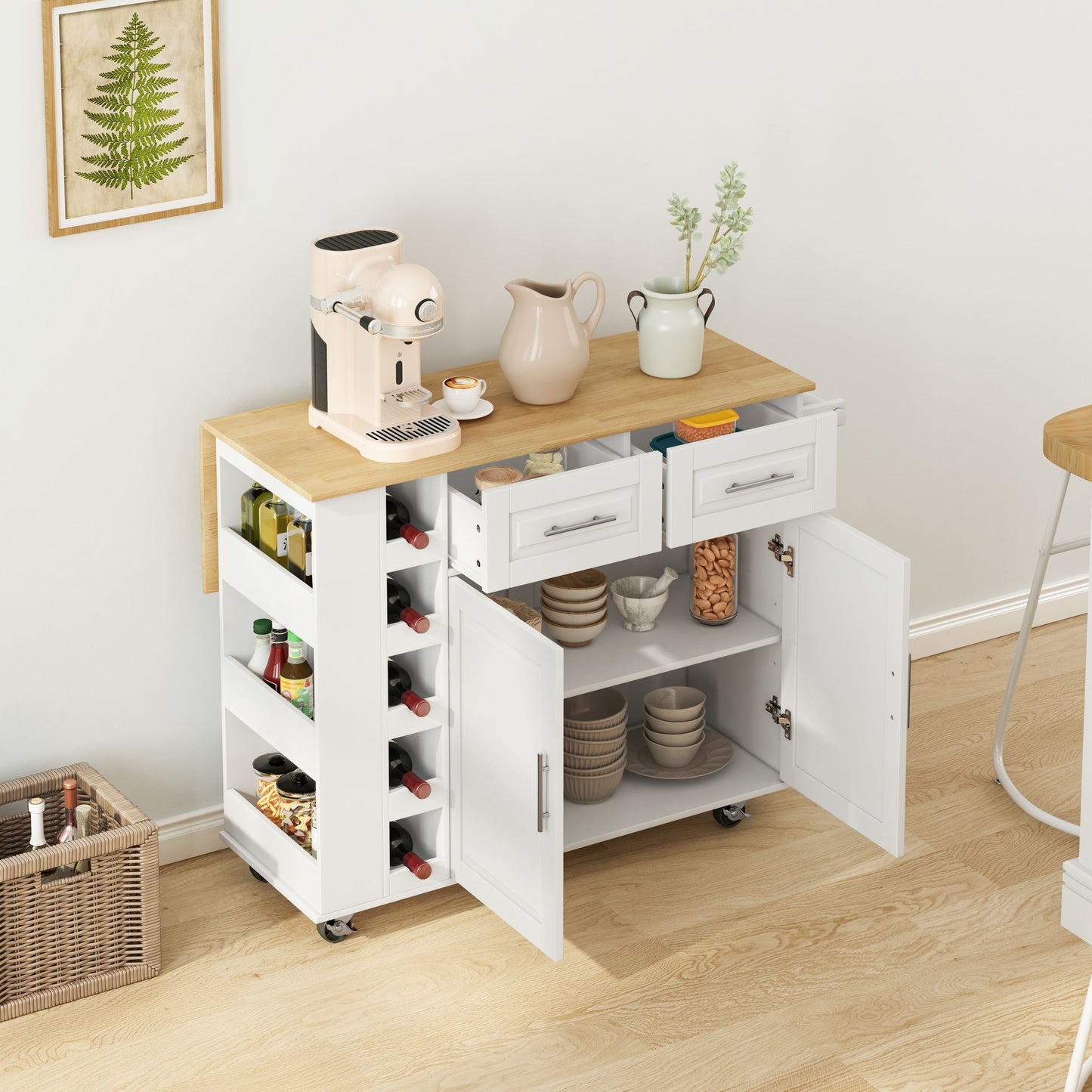 Kitchen Island Cart With 2 Door Cabinet, 2 Drawers, Spice Rack, Towel Holder, Wine Rack, And Foldable Top - White Home Essentials