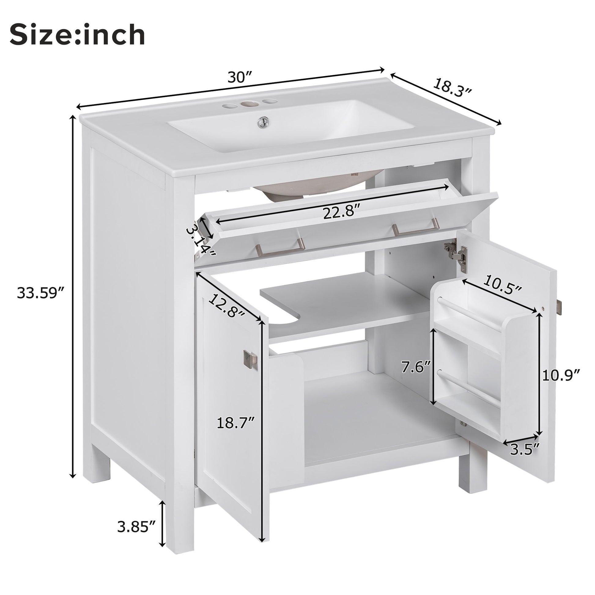 Bathroom Vanity With Ceramic Sink, Modern Single Bathroom Cabinet With 2 Doors And A Shelf, Soft Close Doors Hearth and Haven