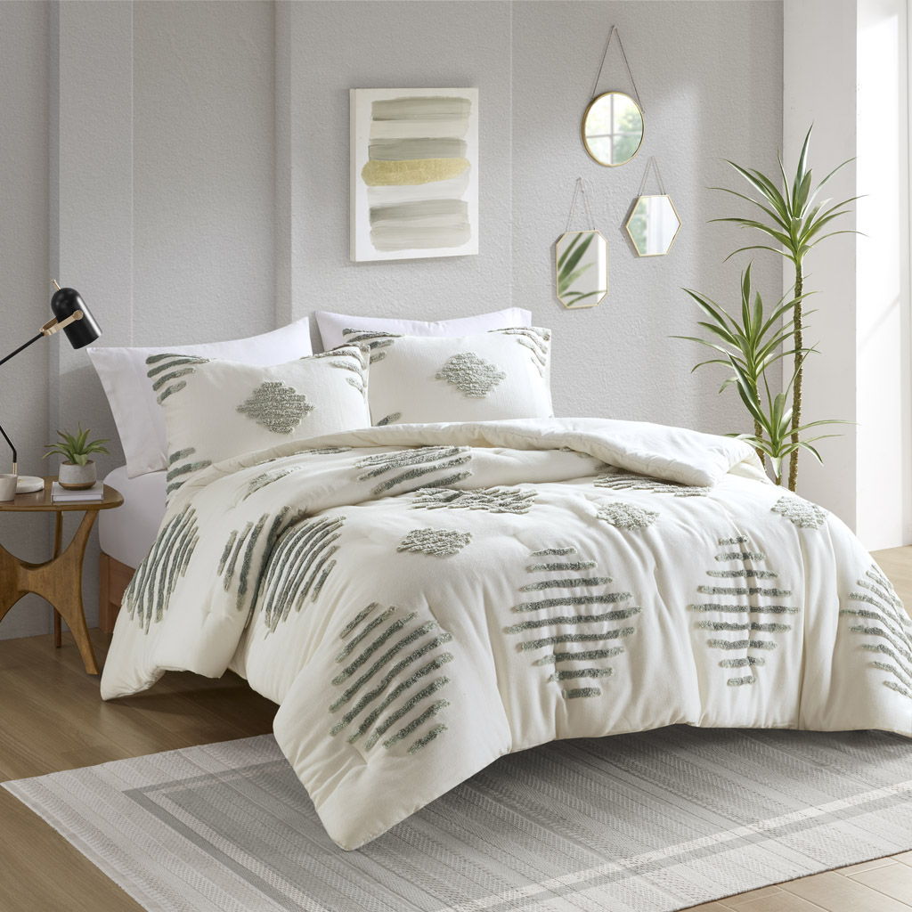 Tahli - 3 Piece Cotton Blend Chenille Comforter Set - Green INK+IVY