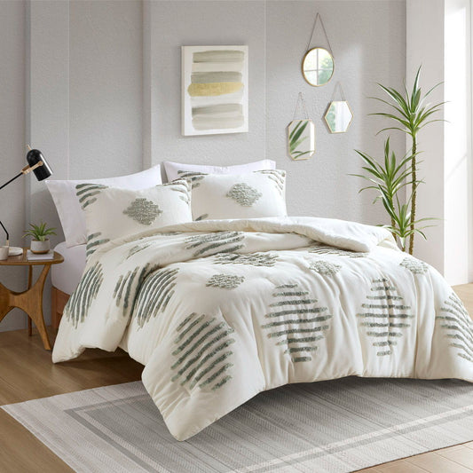 Tahli - 3 Piece Cotton Blend Chenille Comforter Set - Green INK+IVY