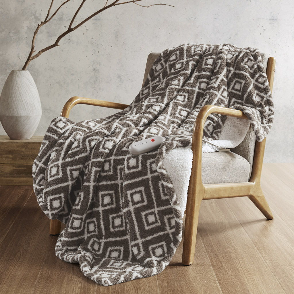 Amira - Dream Soft Heated Throw - Brown Geo Sharper Image
