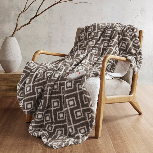 Amira - Dream Soft Heated Throw - Brown Geo Sharper Image