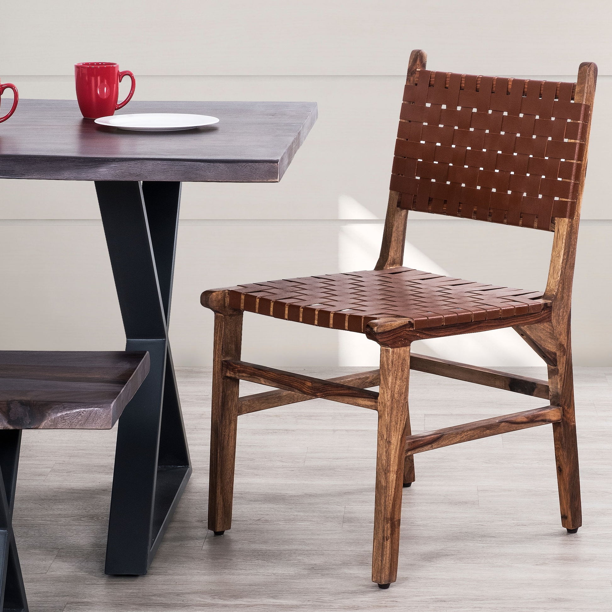 Rustic Wooden Dining Chair (Set of 2) With Genuine Leather Woven Upholstery - Brown Home Essentials