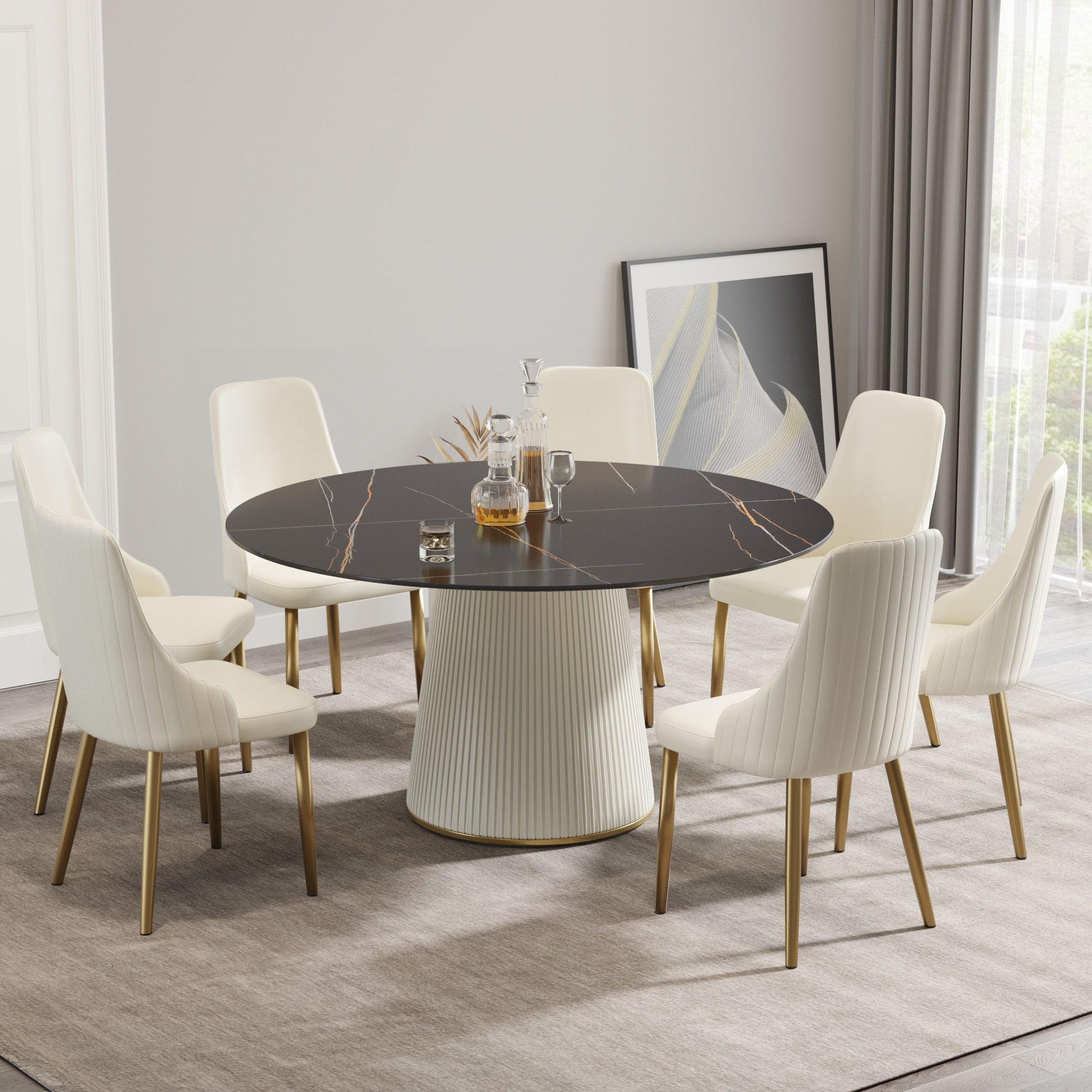 Modern Artificial Stone Round Plywood Base Dining Table, Can Accommodate 8 People, (Not Including Chairs) - Black / Beige Home Essentials