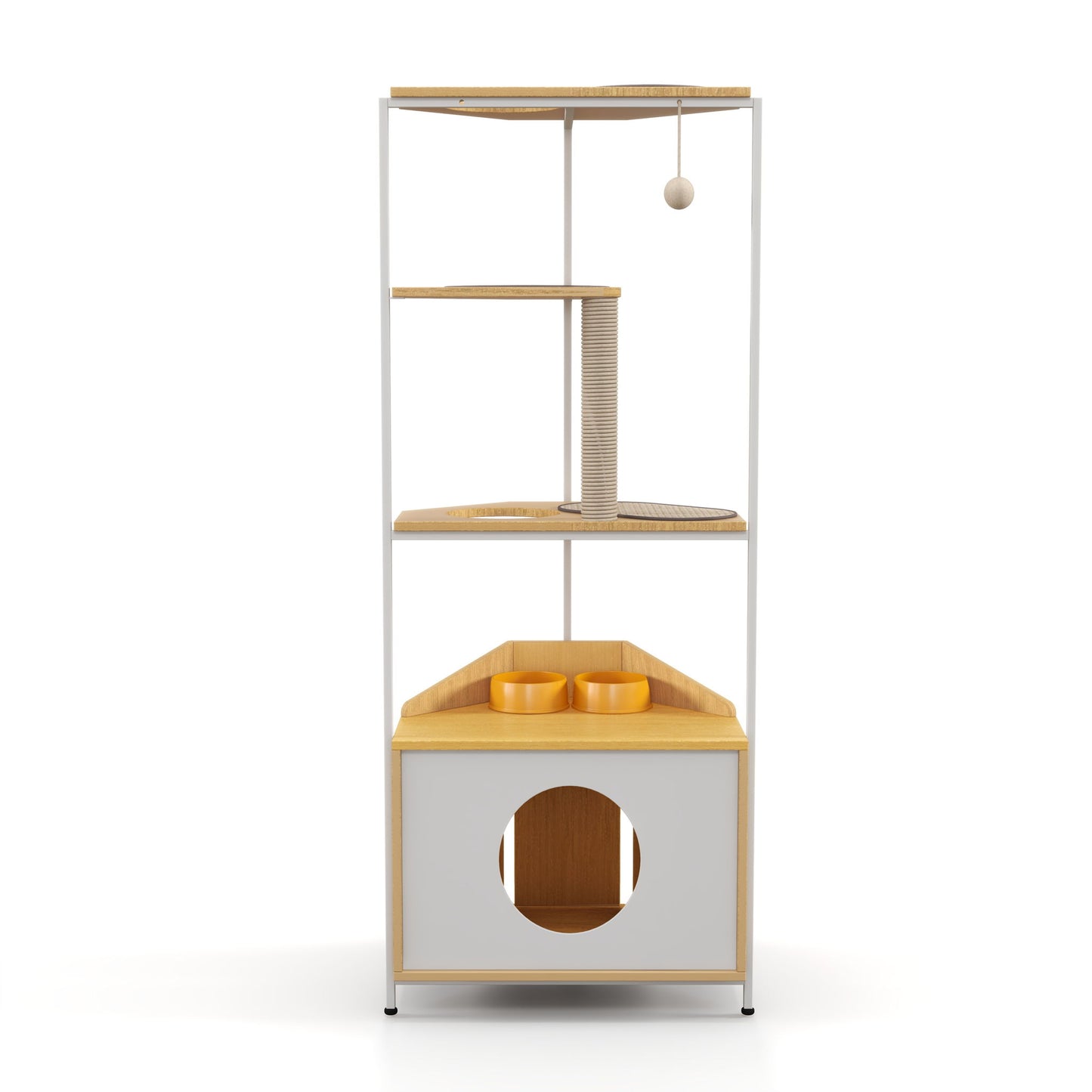 Corner Cat Tower, Cat Tree With Scratching Post, Cat Condo With Feeding Station And Climbing Platforms, Pet Furniture For Indoor Cats - White / Light Oak Daily Nest
