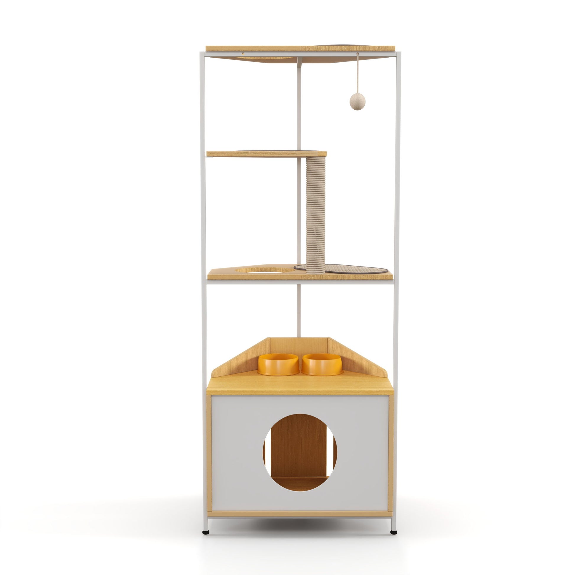Corner Cat Tower, Cat Tree With Scratching Post, Cat Condo With Feeding Station And Climbing Platforms, Pet Furniture For Indoor Cats - White / Light Oak Daily Nest