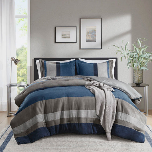 Boulder Stripe - Twin/Twin Long Pieced Comforter Set - Blue Super Listing