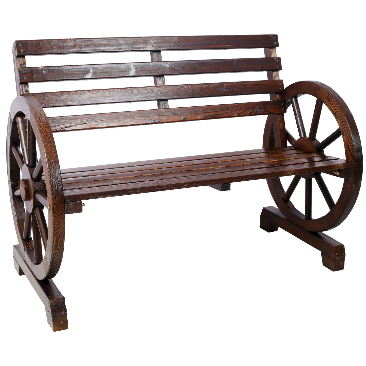 Rustic Country 2 Person Wooden Wagon Wheel Bench With Slatted Seat And Backrest - Brown Home Essentials