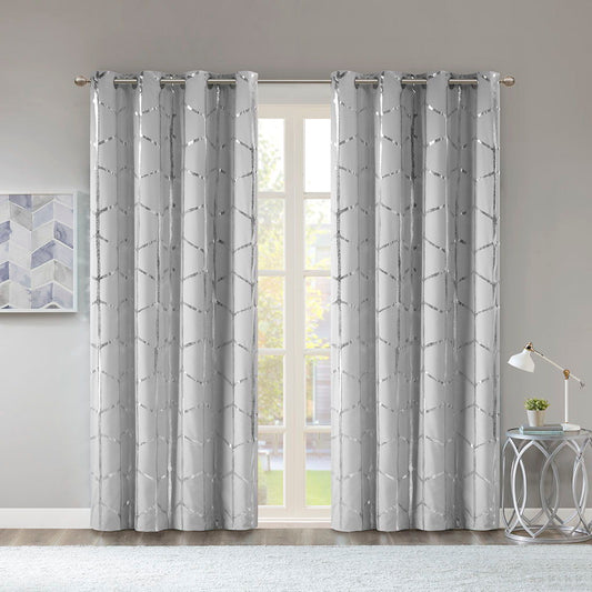 Raina - Total Blackout Metallic Print Grommet Top Curtain Panel Pair - Grey/Silver Intelligent Design
