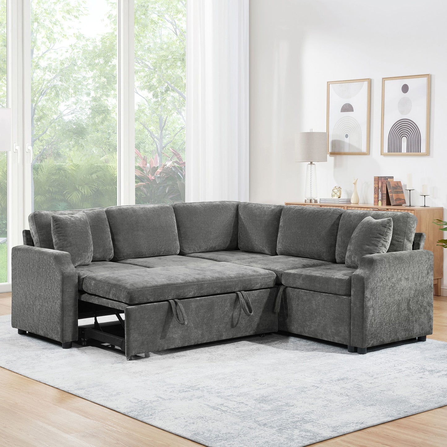Modern L Shaped Sectional Sofa Bed With Hidden Storage Chenille Upholstery Hearth and Haven