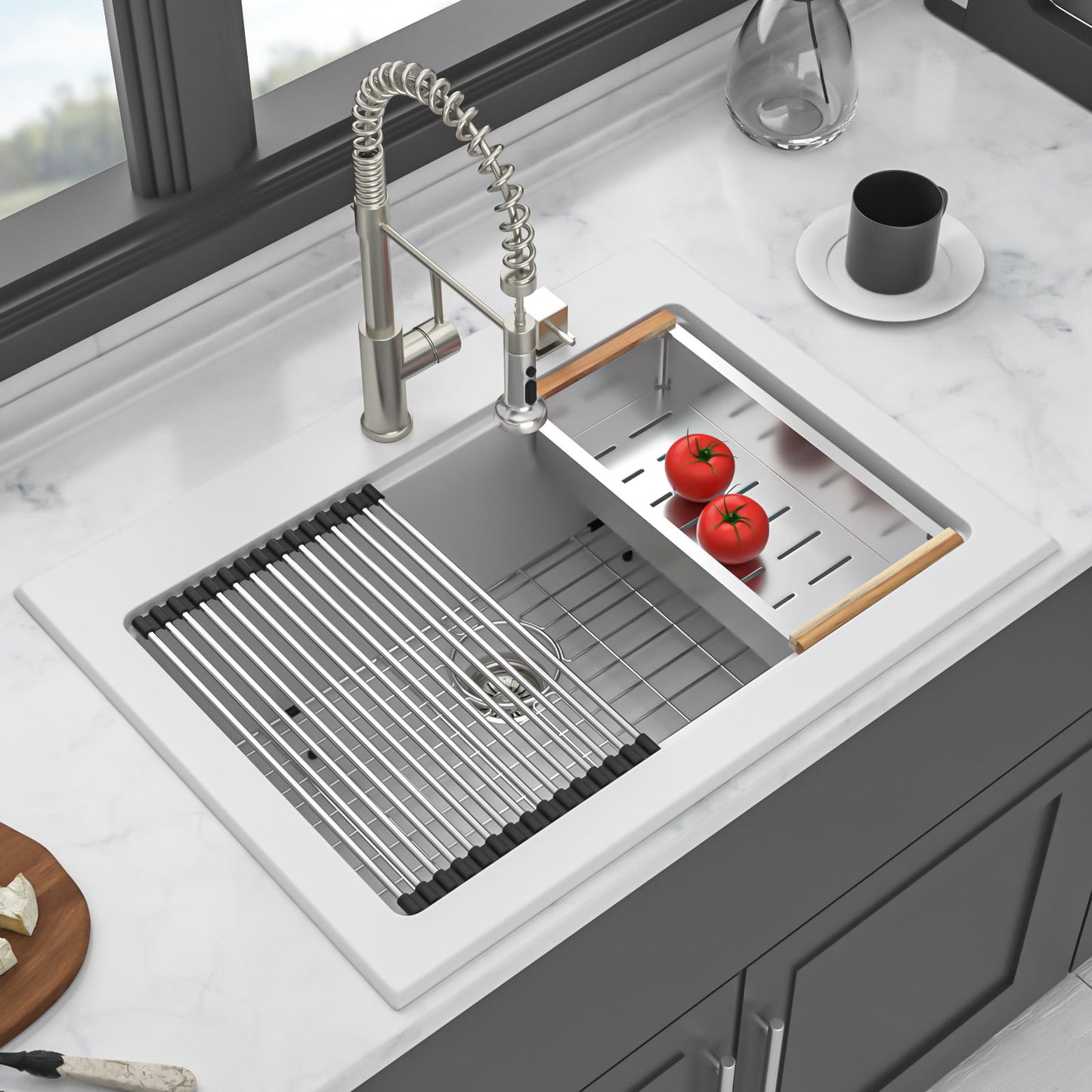 Quartz Kitchen Sink 30" X 22" Granite Composite Workstation Drop In Sink - White Daily Nest