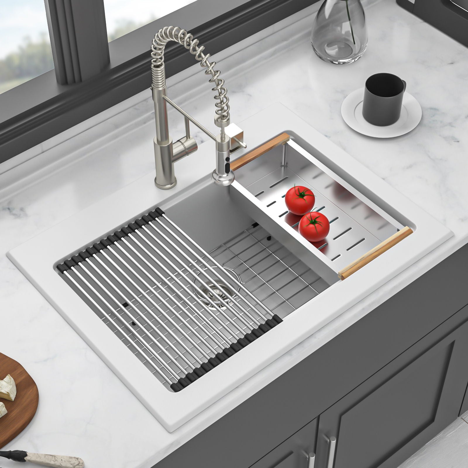 Quartz Kitchen Sink 30" X 22" Granite Composite Workstation Drop In Sink - White Daily Nest