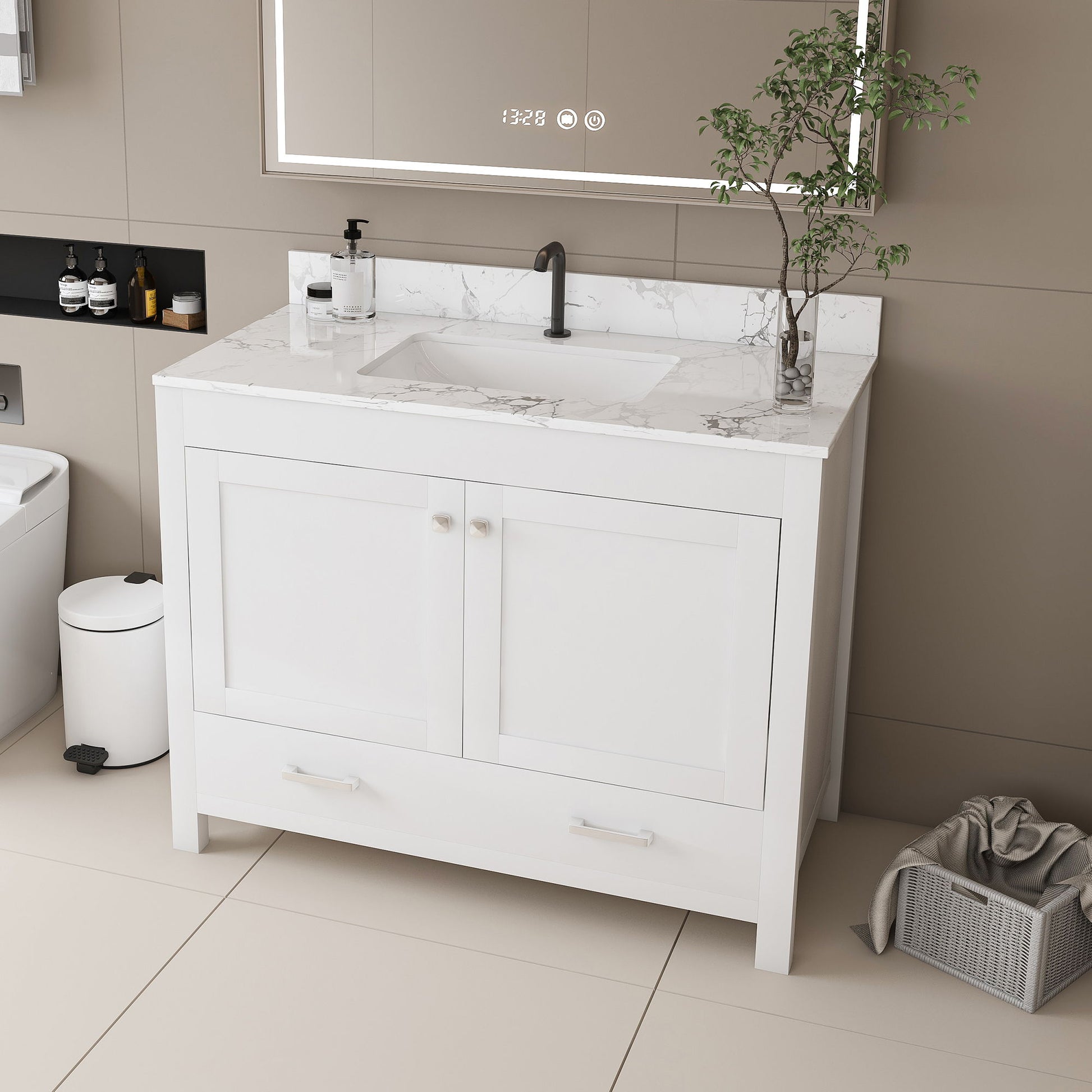 43" Bathroom Vanity With Artificial Marble Carrara Top Set, Multi Functional Cabinet With Doors And Drawer - White Home Essentials