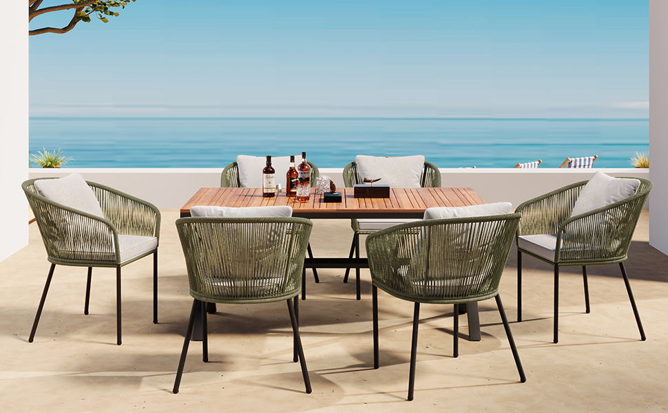 7 Pieces Patio Dining Set, All-Weather Outdoor Furniture Set With Dining Table And Chairs, Acacia Wood Tabletop, Metal Frame, For For Garden, Backyard, Balcony - Green