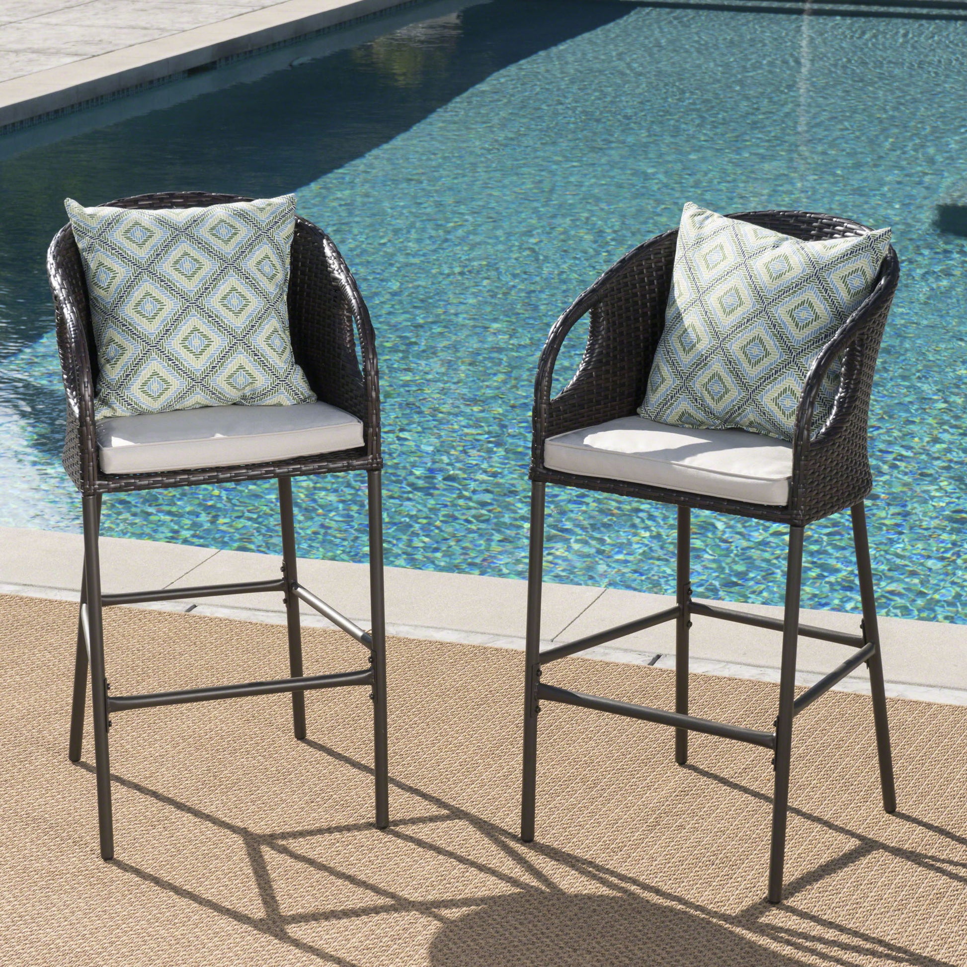 Outdoor 31" Rattan Barstools With Waterproof Cushions (Set of 2) - Multi Brown Noble House