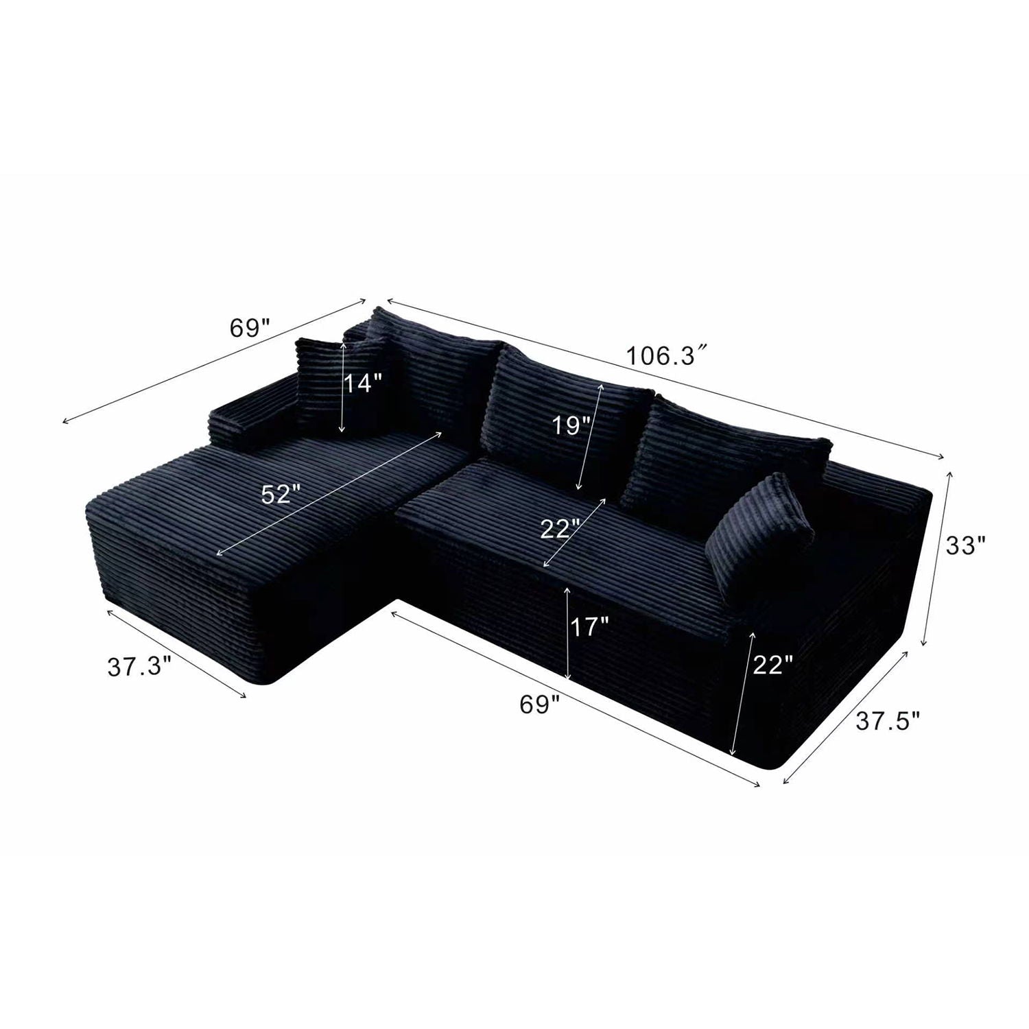 Cloud Modular Sectional Sofa Couch With L-Shape Chaise, Upholstered Couches For Living Room - Black Home Essentials