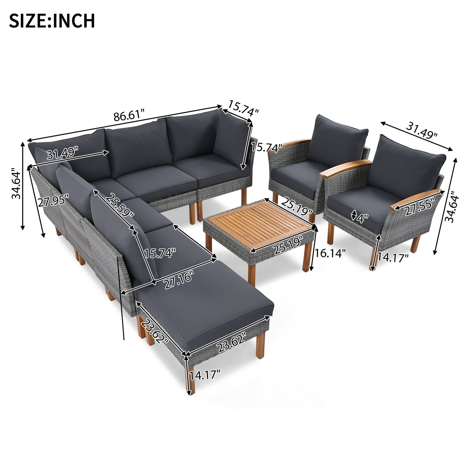 9 Piece Patio Rattan Furniture Set, Outdoor Conversation Set With Acacia Wood Legs And Tabletop, PE Rattan Sectional Sofa Set With Coffee Table, Washable Cushion Hearth and Haven