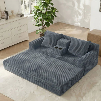 Soft Striped Convertible Sofa Bed, Dual Use Lounge Couch With Cup Holders And Pillows Home Essentials