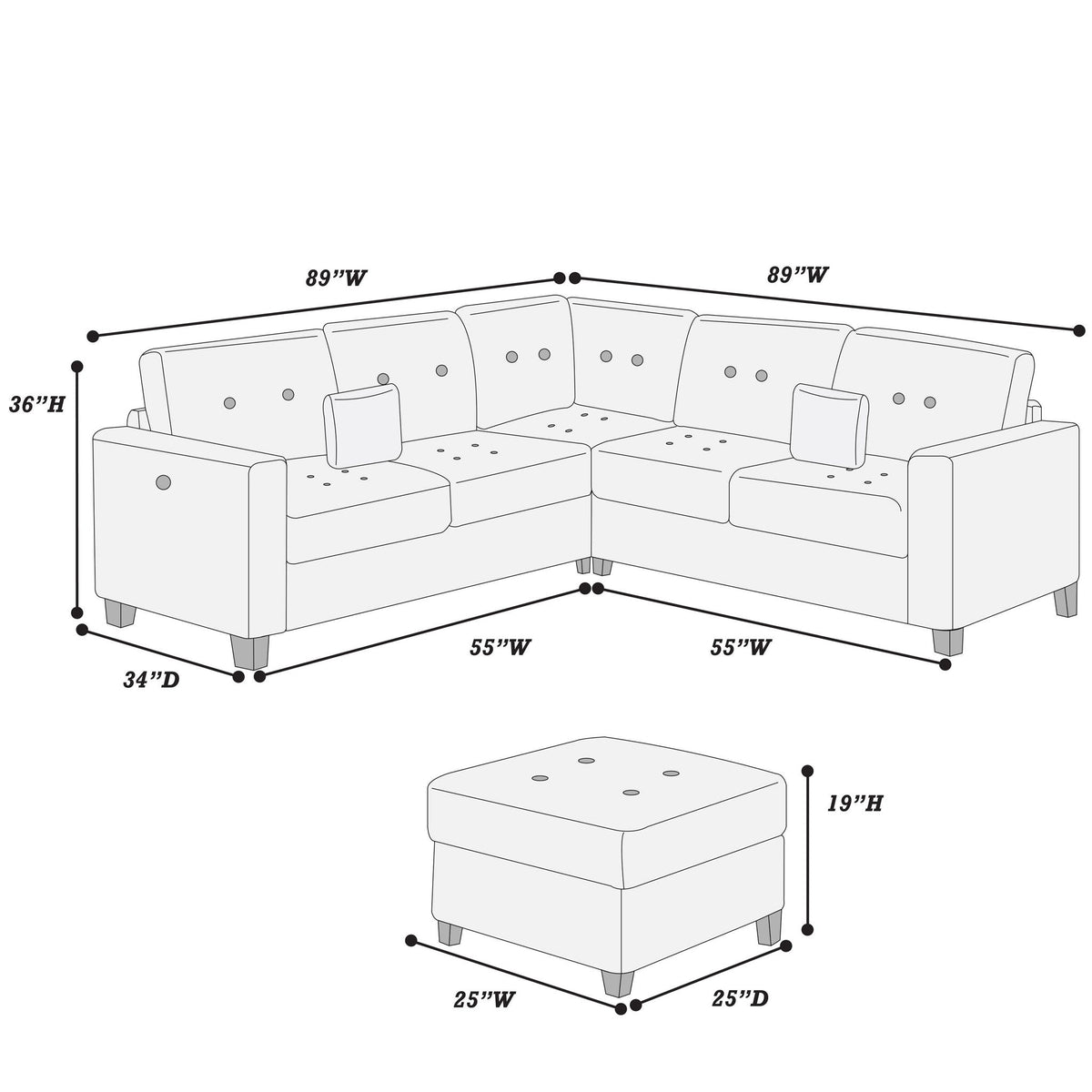 Sectional Set With Corner Wedge Ottoman USB Port Home Essentials