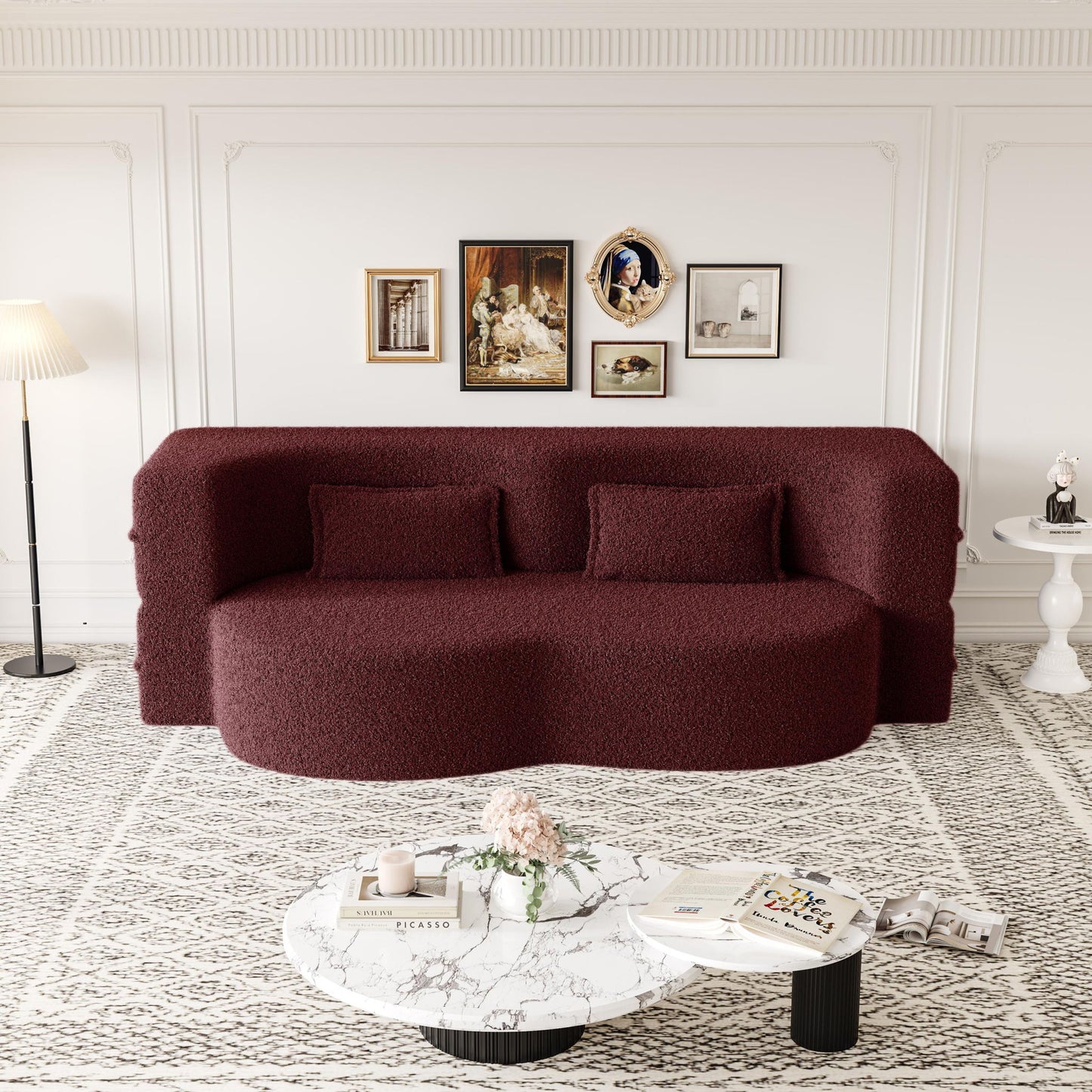 Modern Floor Sofa, With 2 Pillows, Convertible Teddy Fabric Foam Filled Bed Home Essentials
