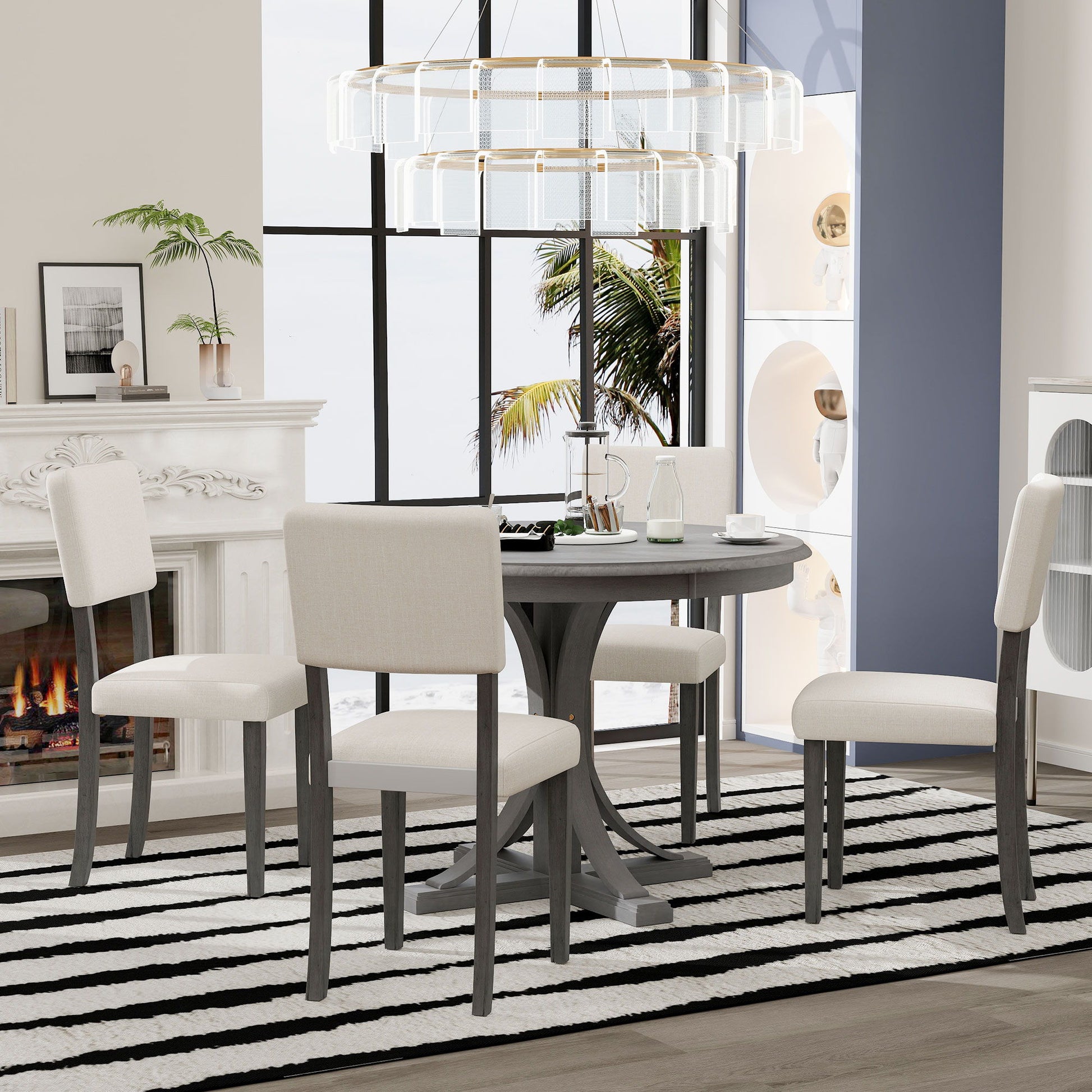 Retro Round Dining Table Set With Curved Trestle Style Table Legs And Upholstered Chairs For Dining Room Hearth and Haven