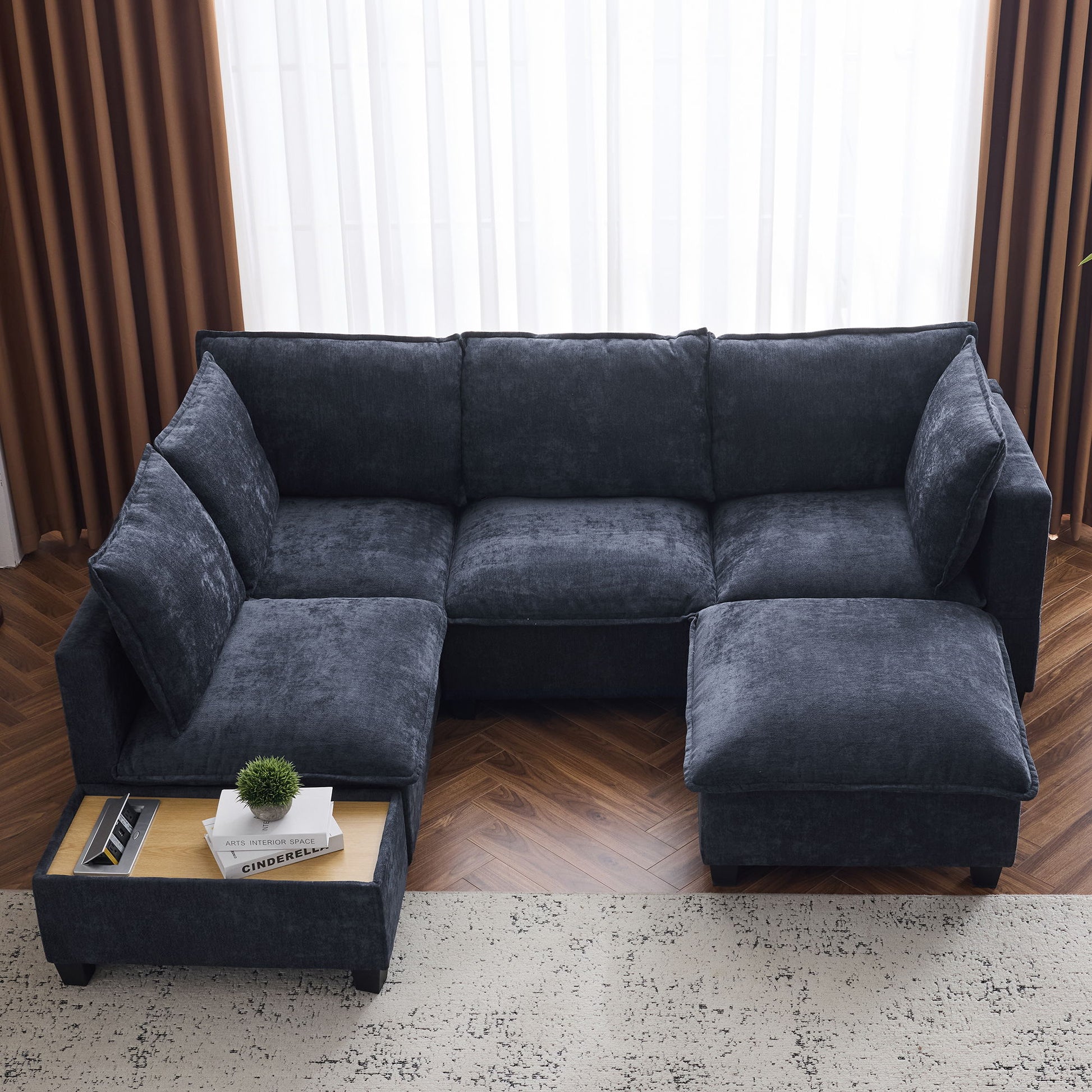 U-Shaped Sectional Modular Sofa With A Movable Ottoman, A Coffee Table With Hidden Charging Devices For Living Room Hearth and Haven