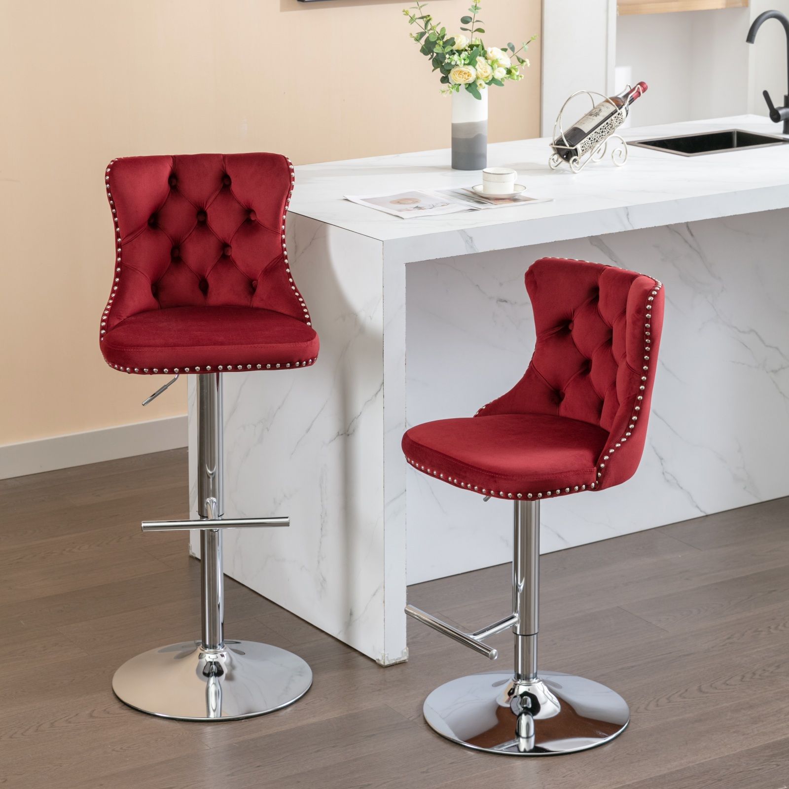 Swivel Velvet Barstools Adjusatble Seat Height From 25-33", Modern Upholstered Chrome Base Bar Stools With Backs Comfortable Tufted For Home Pub And Kitchen Island (Set of 2) Home Essentials