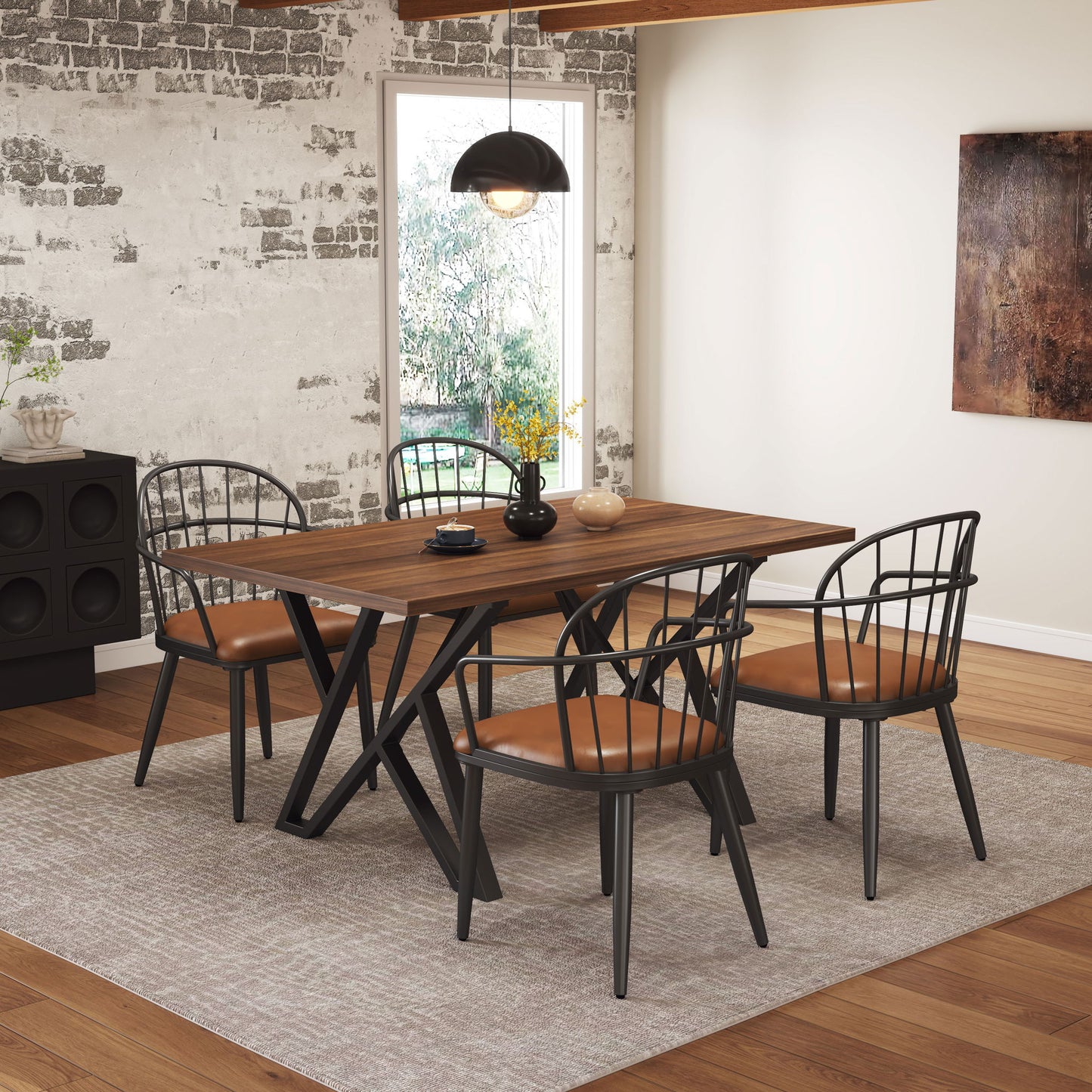 5 Piece Industrial Style Indoor Upholstered Dining Set With Metal Legs - Brown Noble House