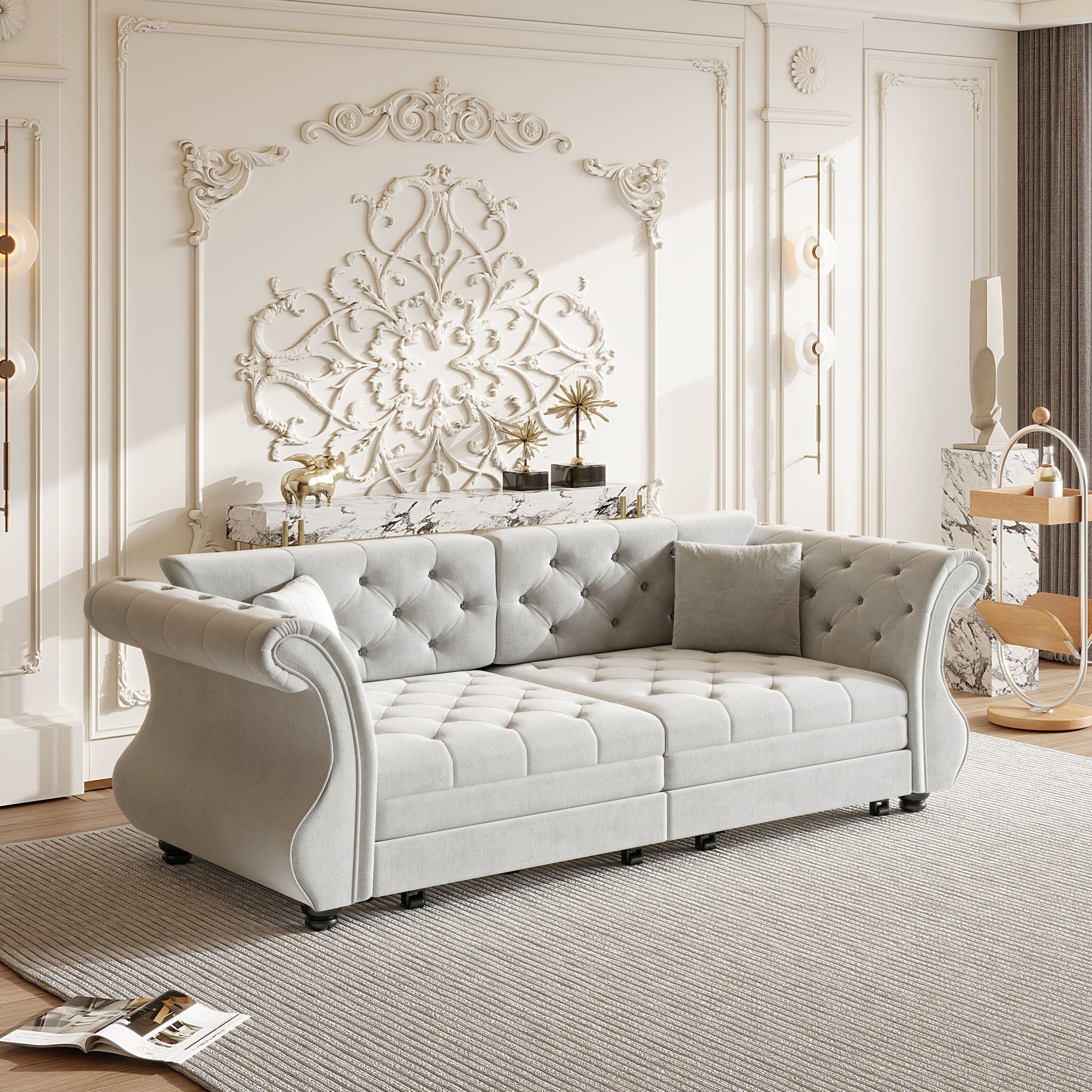 Oversized Chesterfield Pull Out Sofa Bed, Roll Arm Couch With Flower Tufting For Living Room Home Essentials