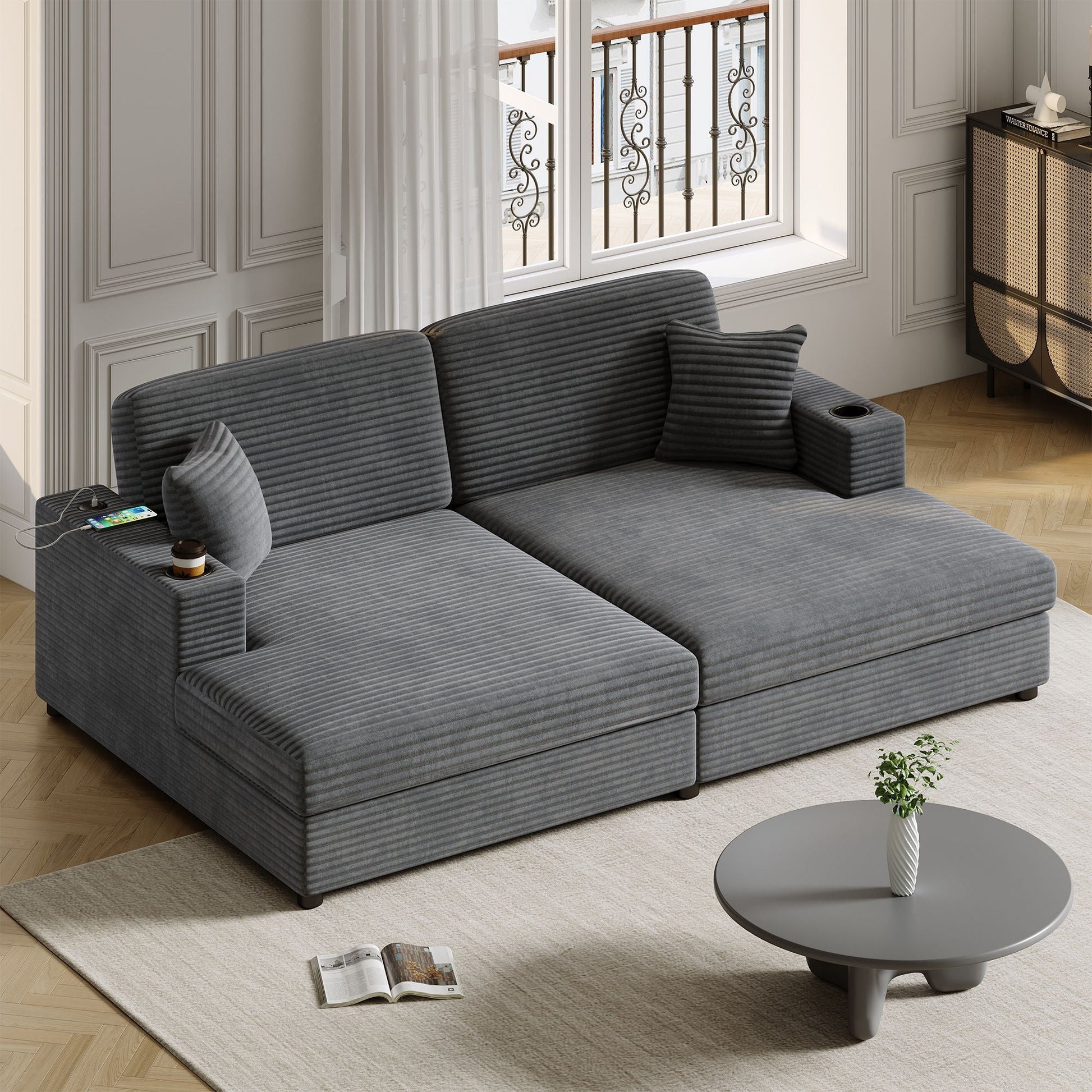 Oversized Loveseat Chaise With 2 USB Ports, 2 Cup Holders And 2 Throw Pillows Hearth and Haven