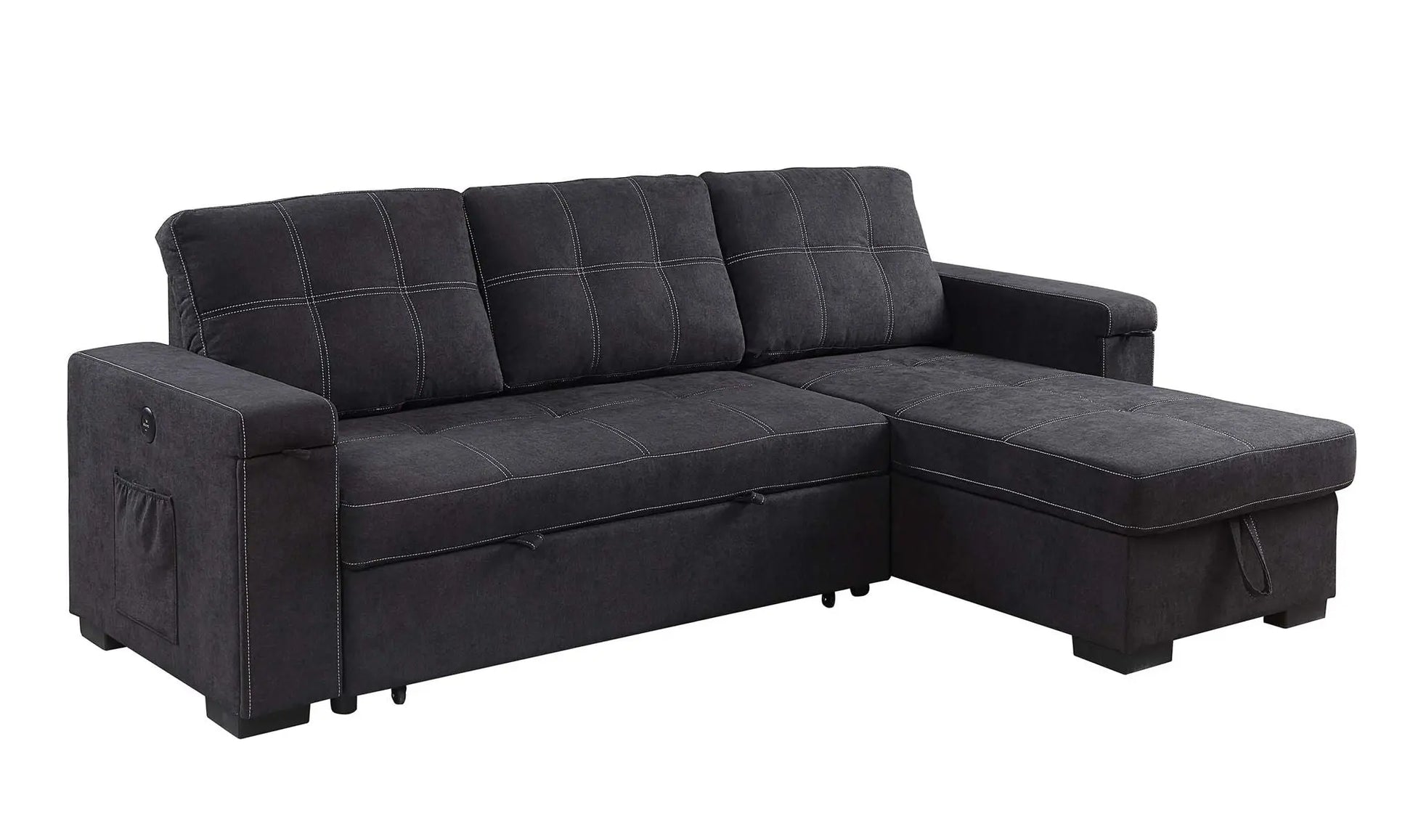 Toby - Woven Fabric Reversible Sleeper Sectional Sofa With Storage Chaise Cup Holder Charging Ports And Pockets Lilola Home