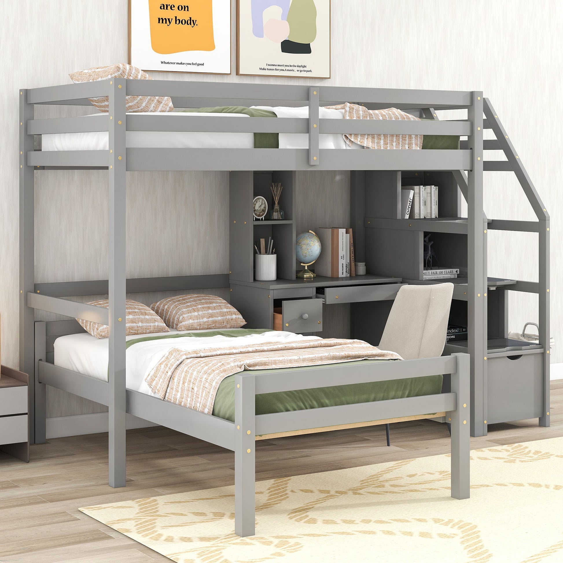 Loft Bed With Stand Alone Bed, Storage Staircase, Desk, Shelves, And Drawers Hearth and Haven