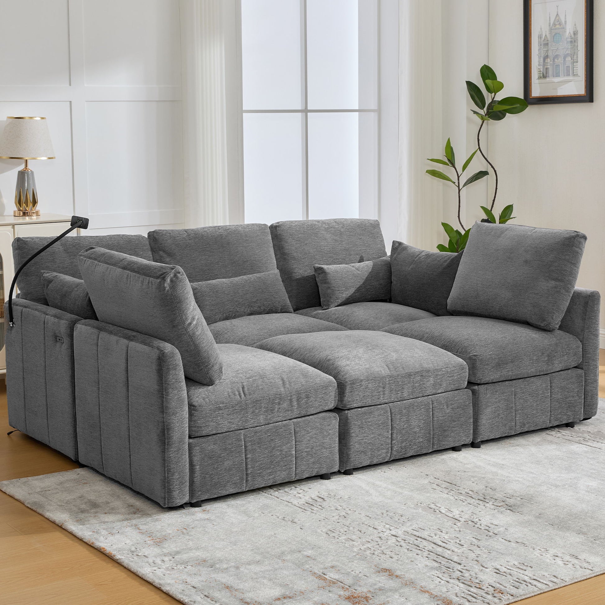 Modern Modular U-Shaped Sofa Bed With Movable Ottoman, USB Ports, Phone Holder Hearth and Haven