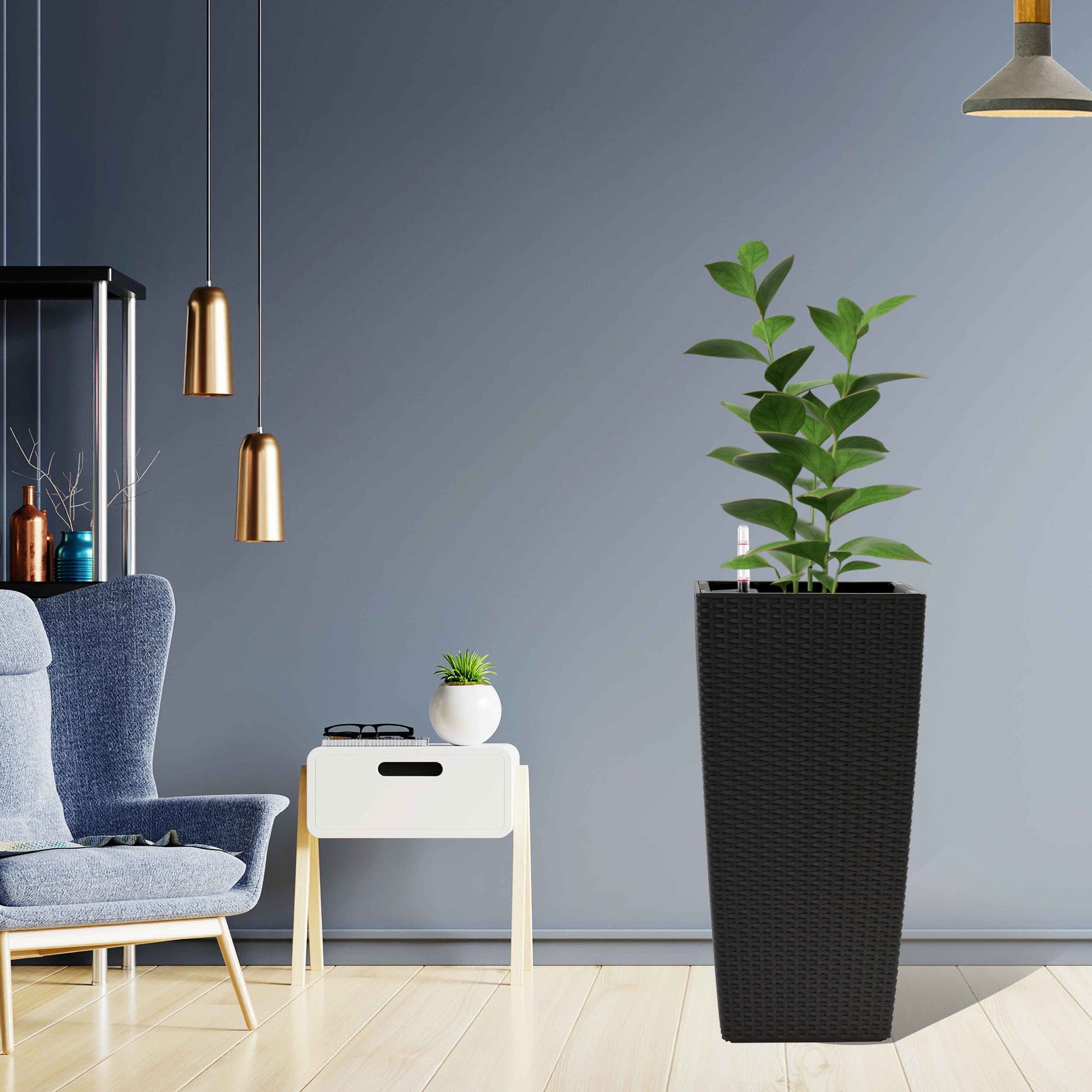 Elegant Square Planter With Automatic Watering System, Faux Rattan Design, Polypropylene (Set of 2) - Black Daily Nest