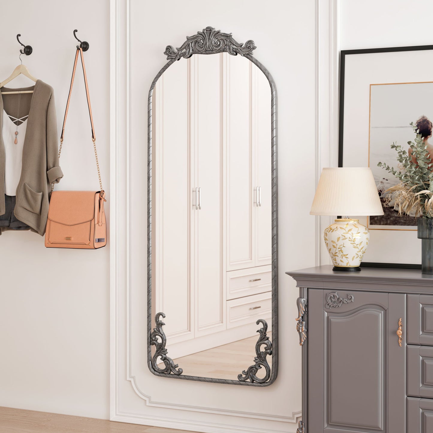 Full Body Arched Mirror With Vintage Carved Applique Daily Nest