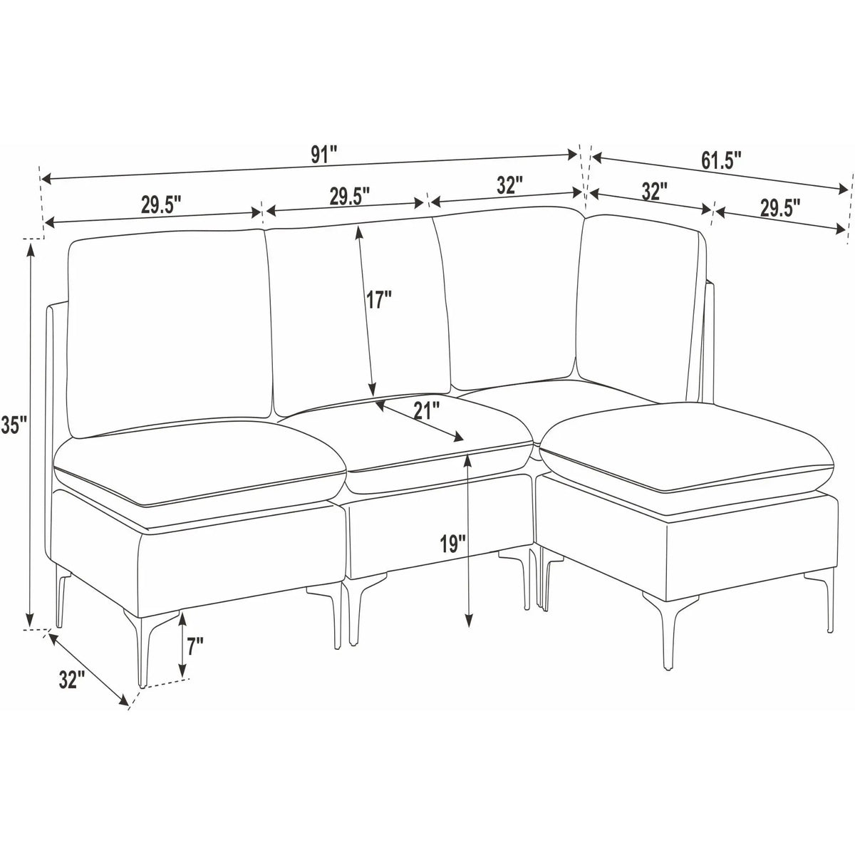 Upholstered Modular Sectional With Tall Legs, Medium Firm Seat Home Essentials